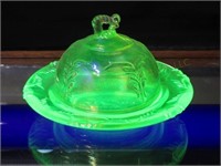 Small Vaseline Glass Butter Dish. 5"