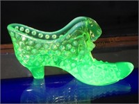 Vaseline Opalescent Glass Shoe. Minor Chip to