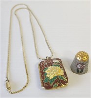 Cloisonné Locket with Chain and Cloisonne Thimble