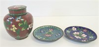 Cloisonné Jar and 2 Small Dishes