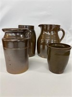 Brown glazed pottery jars & pitcher.