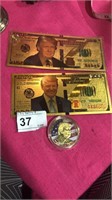 2 Gold Plated Trump Notes & Gold Colorized Token