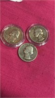 3 Silver Quarters 1952, 1964, 1936