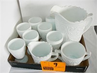 MILK GLASS SET WITH PITCHER, CREAM, SUGAR, 7