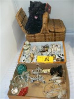 TOTO IN WICKER BASKET, TINY CERAMIC ANIMALS AND