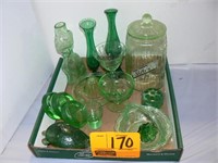 GREEN DEPRESSION GLASS WITH SUGAR CANISTER