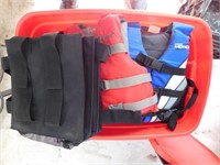 Rubbermaid tote w/ lid - 2 youth life jackets & 4