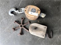 2 Wooden Block Pulleys & Unusual Implement Wrench