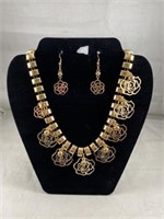 Gold Tone Flower Necklace & Earrings