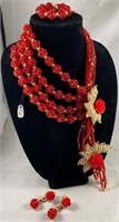 Red Beaded Jewelry Set w/ Display