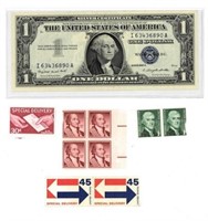 One Dollar Silver Certificated and Stamps