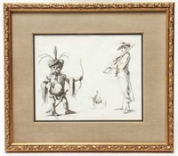 "Orientalist Man, Horse, Man w Rifle" Etching