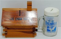 Lot of 2 Banks: Cedar Log Cabin with Stopper;
