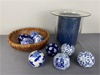 Blue & White Porcelain Balls; Blue Candle
