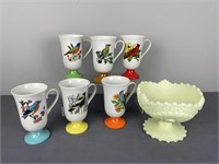 Fenton Compote; Vintage Bird Mugs