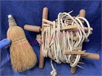 Folk art clothesline & a whisk broom