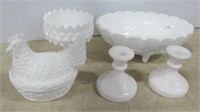 Milk Glass Items Including Hen on Nest, Candle