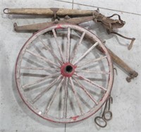 Antique Items Including Wagon Wheel, Hay Hooks,