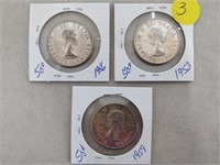 Queen Elizabeth II 50 cent coins 1953,1956,1959
