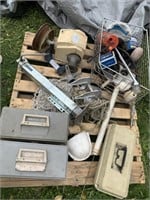 Tackle boxes, trailer jack, propellers, and misc