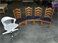 4 Wooden dining chairs & rolling desk chair