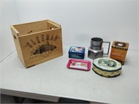 Sleeman small wood box wit tin and metal items