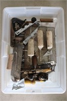 TOTE OF TROWELS AND WOOD PLANES