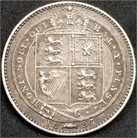 1887 Great Britain Silver Shilling, High Grade
