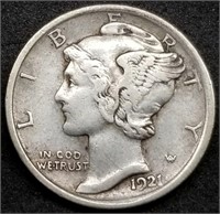 1921-P Mercury Silver Dime, Key Date, Nice!