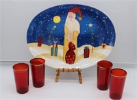 Christmas Serving Platter & 5 Glasses