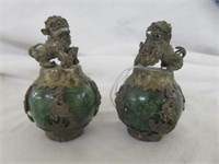 PAIR ORNATE JADE AND LION FIGURES 2.75"T