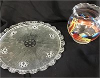 Hand painted bowl and glass cake plate