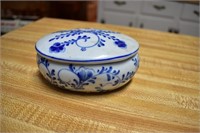 small blue and white dish with lid