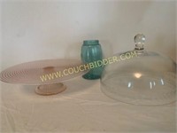 Pink ribbed glass cake pedestal & etched dome