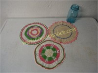 3 Doilies with Green and Pink