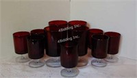 10 Various Sized Dark Red Pedestal Glasses - A