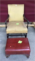 Vintage Walnut Arm Chair & Naugahyde Footstool