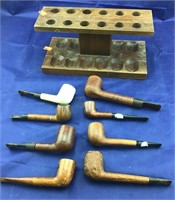 8 Vintage Smoking Pipes and Wooden Pipe Rack