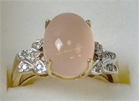 14k Gold Rose Quartz Cabochon Ring Diamond Accent