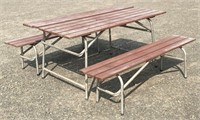 NEAT 1950S PATIO TABLE AND BENCHES 60X31X28
