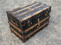 GREAT ANTIQUE TRUNK WITH INSERT/WOODEN STRAP