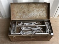GREAT ASSORTMENT OF WRENCHES IN A METAL TOOL BOX