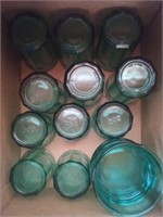 Green glass bowls and 2 sizes of glasses