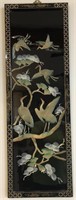 Oriental black lacquer framed panel. Crane