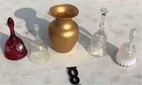 4 Bells (2 Fenton bells)  gold colored vase