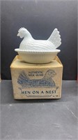 Milk glass hen on the nest with original box