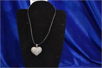 Black faux leather & diamond heart necklace