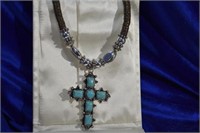 Silvertone &faux turquoise adjustable necklace