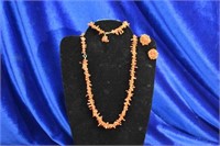 Vintage red coral necklace clip earings &bracelett