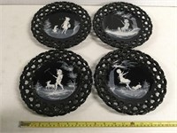(4) 7" Black Plates with hand painting